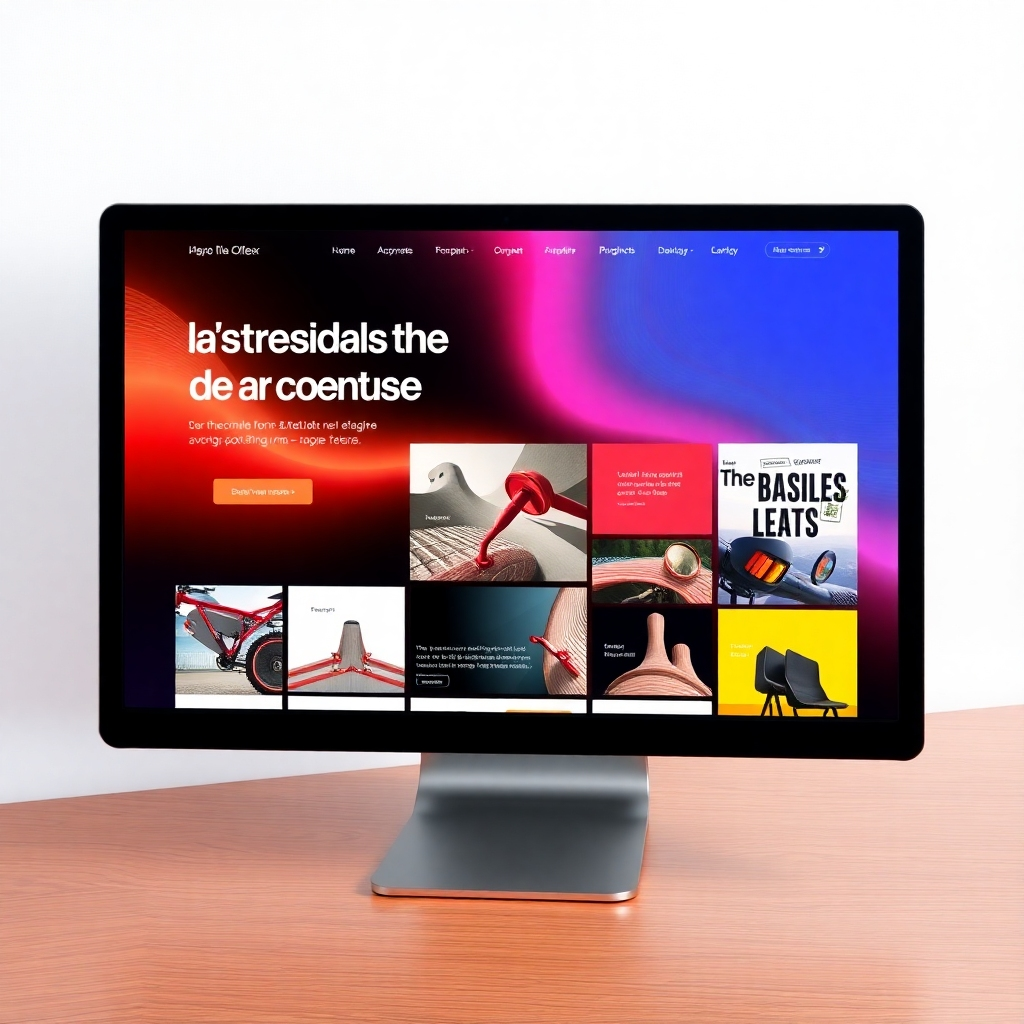 Show a sleek, modern website design on a high-resolution screen, perhaps showcasing a portfolio of varied projects. Use high-contrast colors to emphasize the design's features. Focus on the website's functionality and user interface. The style could be photorealistic or a clean, stylized 3D render.