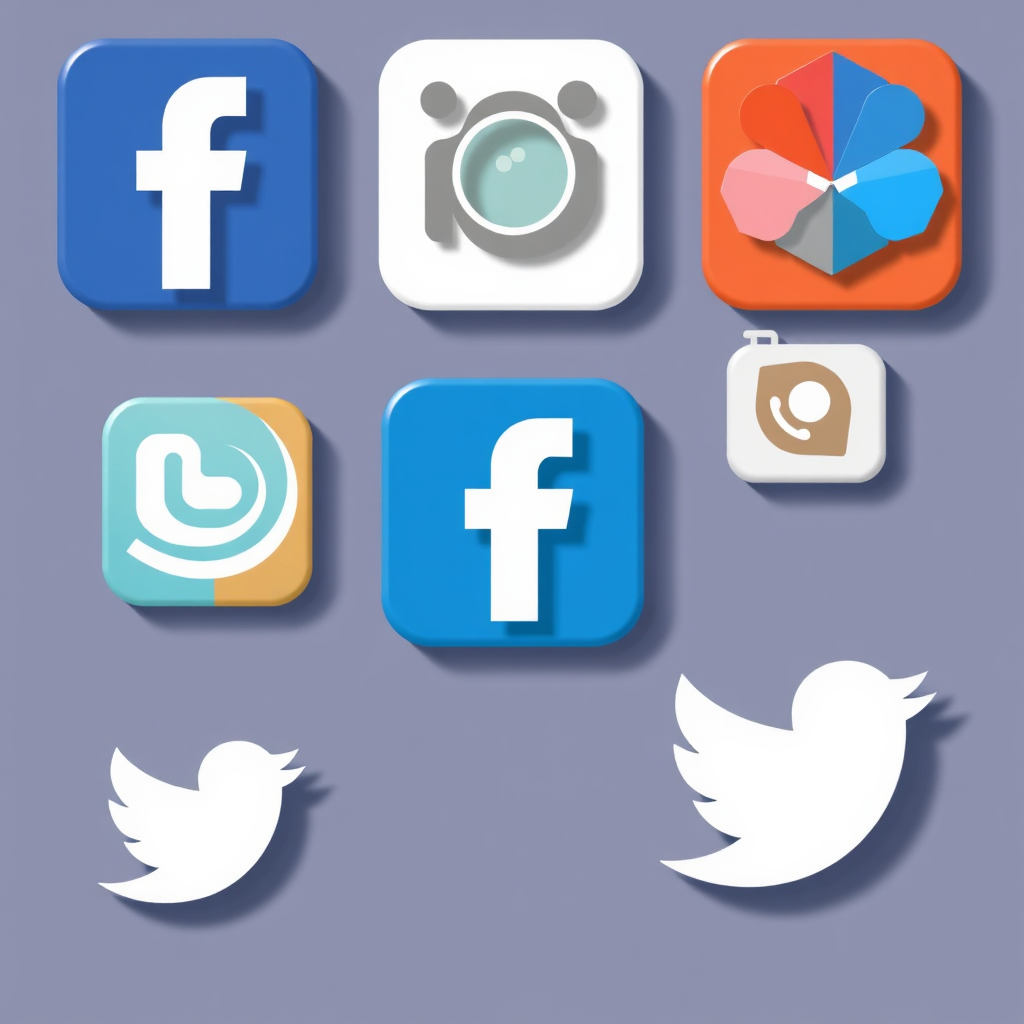 Stylized icons for various social media platforms (Facebook, LinkedIn, Twitter) arranged in a visually appealing layout. A modern and minimalist design.