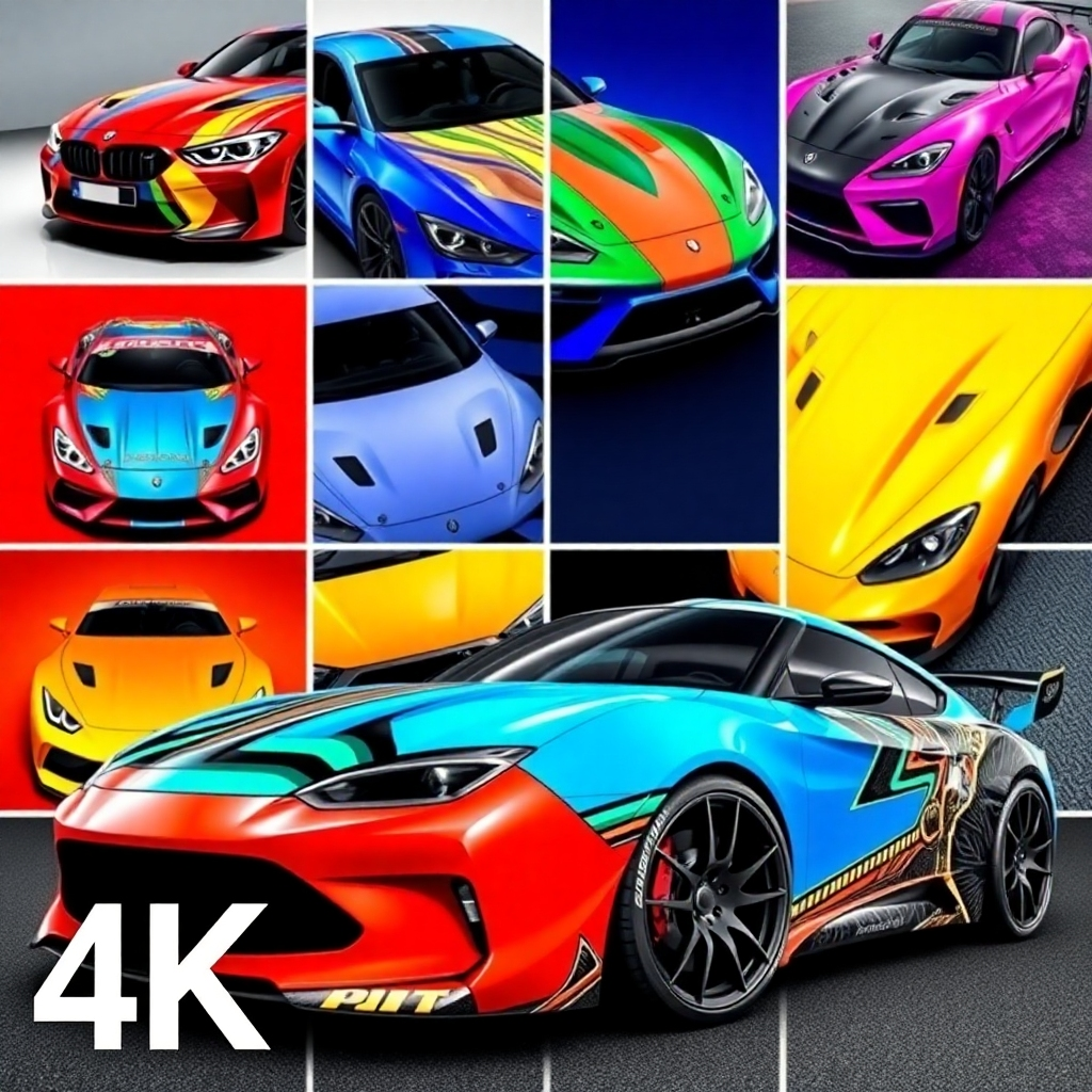 Stylized image: A vibrant, colorful collage showcasing various car wraps. High contrast, bold colors, and dynamic compositions, showcasing different designs and finishes, possibly incorporating textures like carbon fiber. 4K resolution, emphasizing artistic expression and design versatility.