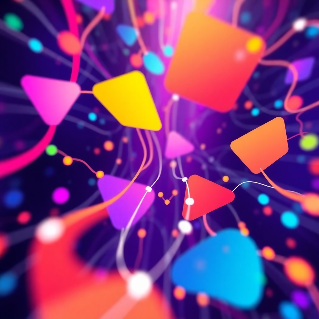 Stylized image showing abstract shapes representing data flowing through a network. Use vibrant, dynamic colors to convey a sense of innovation and movement. Camera angle: Dynamic, showing the flow of information. Style: Abstract, modern, and futuristic. Technical specs: 4K resolution