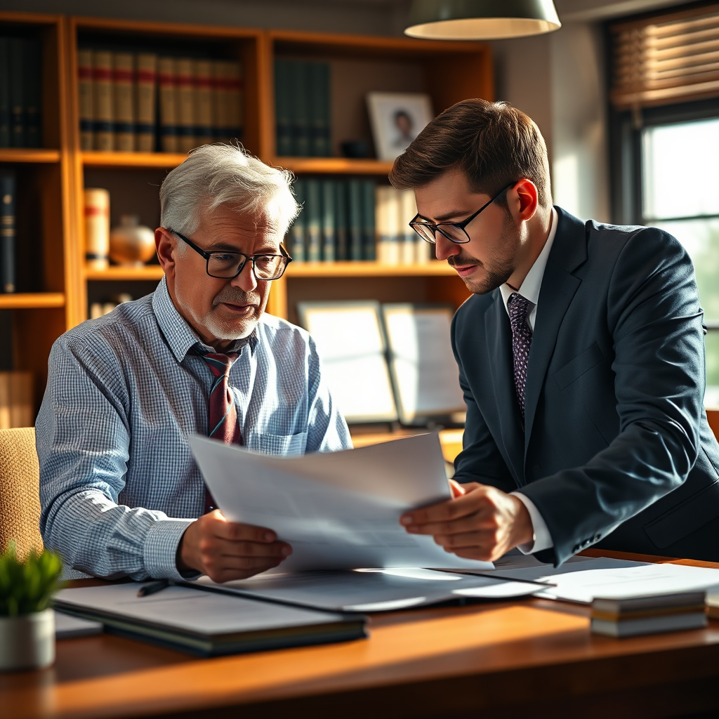  Create a photorealistic image of a senior agent mentoring a younger agent, reviewing business plans at a desk bathed in warm light. Bookshelves and diplomas are visible in the background, signifying expertise and knowledge. Technical specs: 4K resolution, high quality.