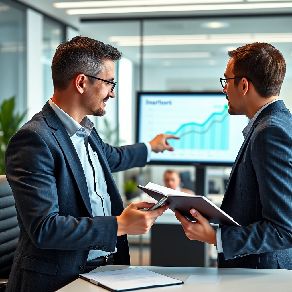 Create a photorealistic image depicting a mentor and mentee, both independent insurance agents, working together in a modern office space. The mentor is pointing at a growth chart displayed on a large monitor, guiding the mentee. The mentee is taking notes, looking engaged and inspired. The environment is bright, clean, and professional, suggesting success and innovation. The color palette is dominated by blues and greens, symbolizing trust and growth, with a touch of gold to represent achievement. The lighting is soft and diffused, creating a welcoming atmosphere. The camera angle is a close-up, focusing on the interaction between the mentor and mentee, and emphasizing the spirit of collaborative learning. Technical specs: 4K resolution, high quality, professionally lit.