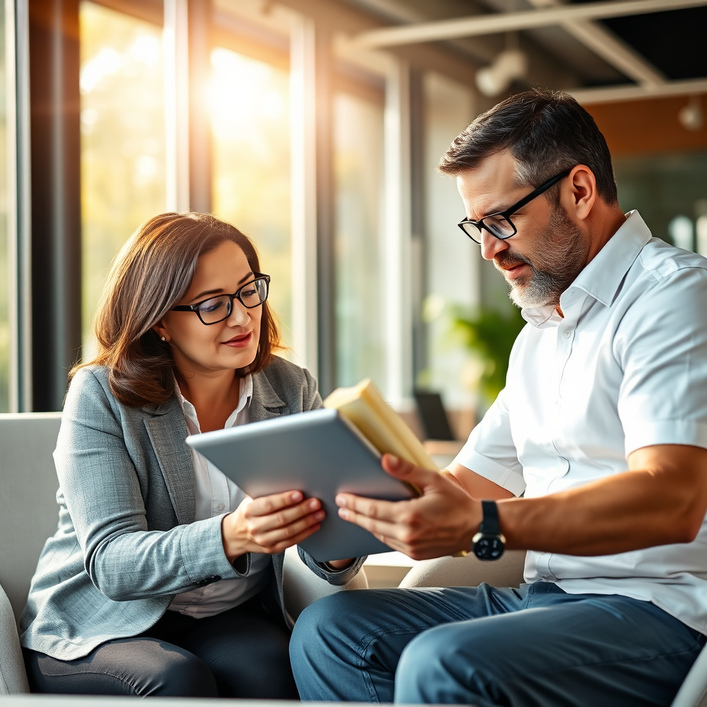 Create a photorealistic image of a mentor and mentee in a modern office, reviewing a strategic plan on a tablet, sunlight streaming through the window, symbolizing partnership and growth. Focus on the collaborative environment.