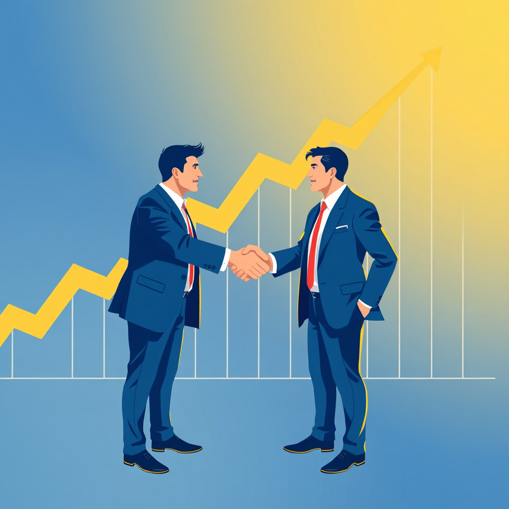  Create a stylized image depicting two independent agents shaking hands, symbolizing a strategic alliance. The background showcases a growing business graph. The color palette is blue and gold, representing trust and achievement. The composition is dynamic and energetic. Technical specs: 4K resolution, high quality.