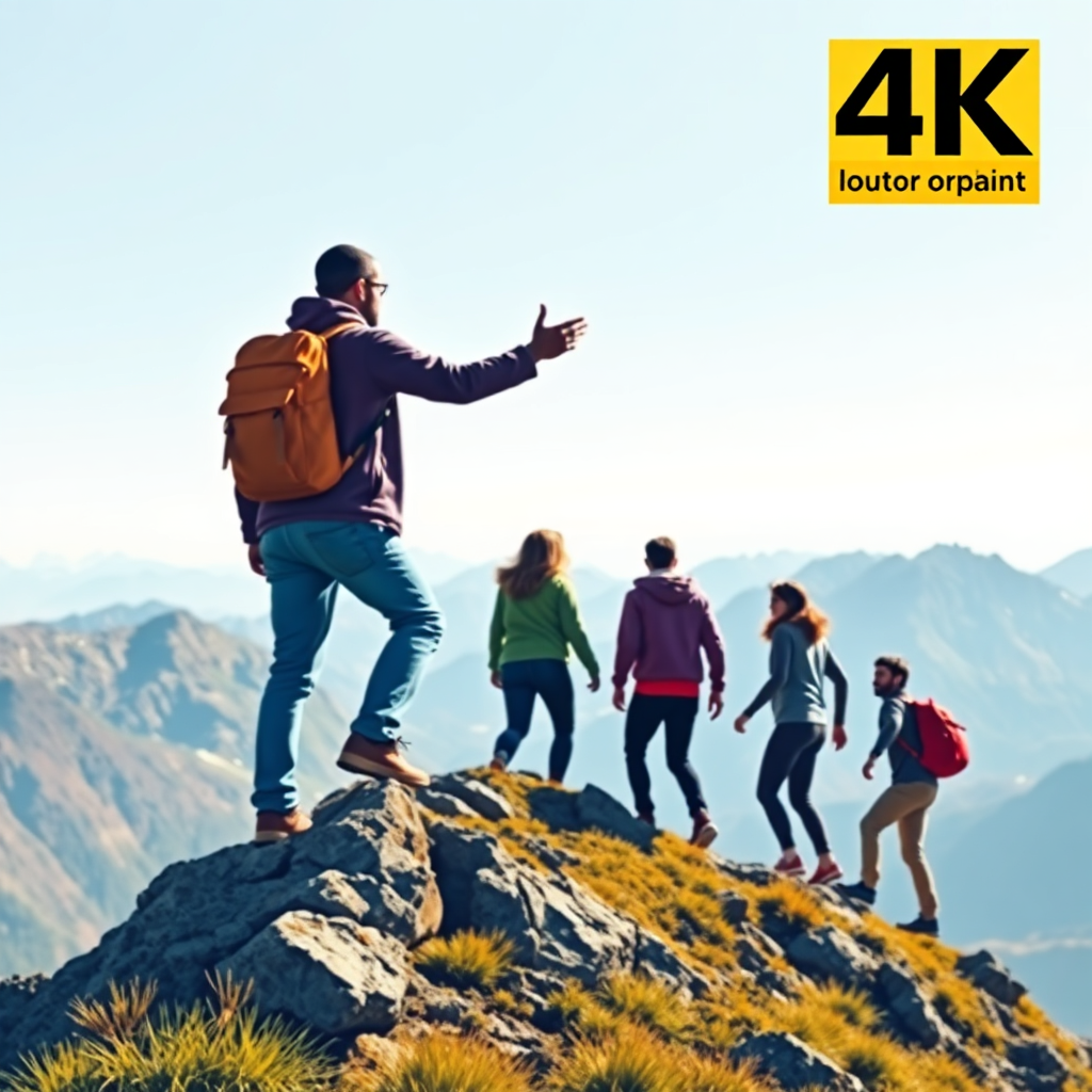Create a stylized image of a leader guiding a team to reach the top of a mountain, symbolizing leadership development. The color palette is motivational and inspiring. Technical specs: 4K resolution, high quality.