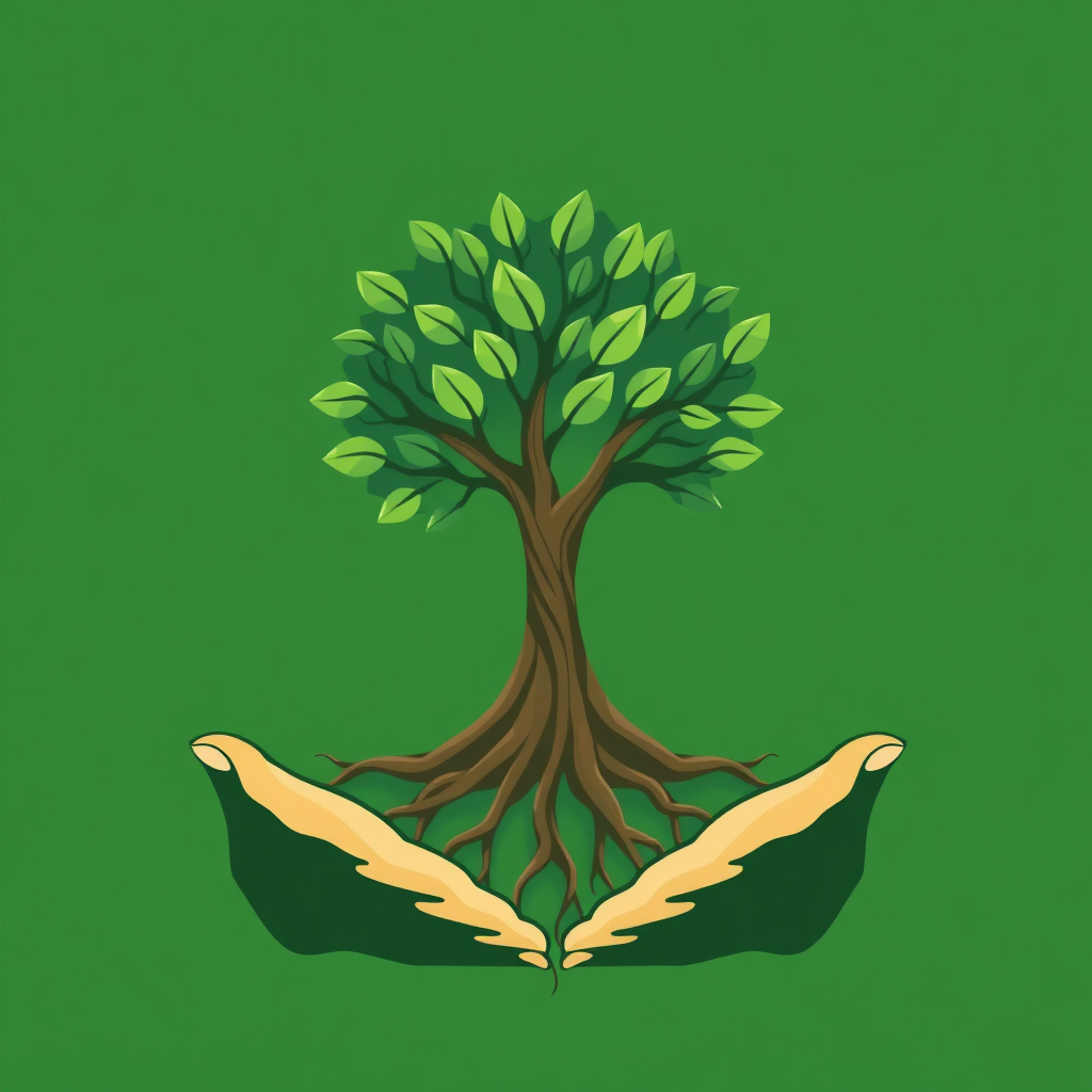  Create a stylized image of a tree growing strong roots, symbolizing sustainable growth. The tree is surrounded by supportive hands, representing partnership and mentorship. The color palette is green and earthy tones, emphasizing growth and stability. Technical specs: 4K resolution, high quality.