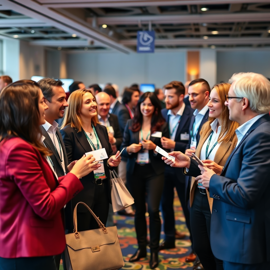 Create a vibrant image of a diverse group of agents connecting and networking at a conference, exchanging business cards and ideas, symbolizing collaboration and community.