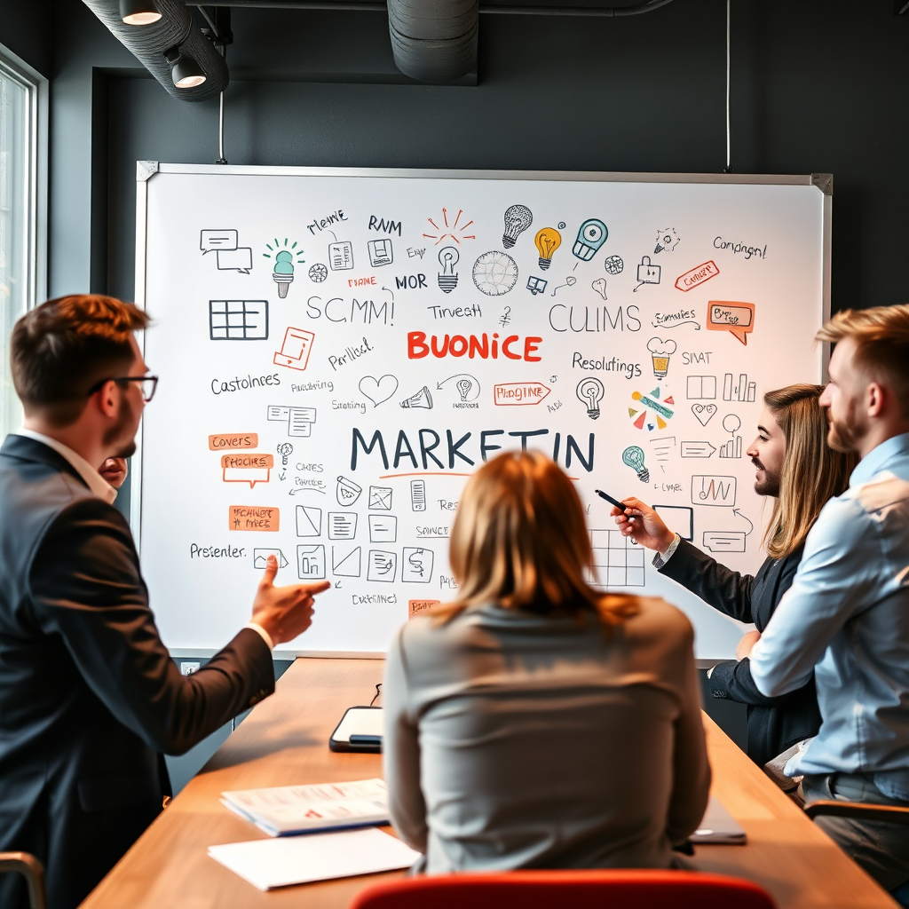 Create an image depicting a group of agents brainstorming marketing ideas around a whiteboard filled with creative concepts. The atmosphere is collaborative and energetic. Technical specs: 4K resolution, high quality.