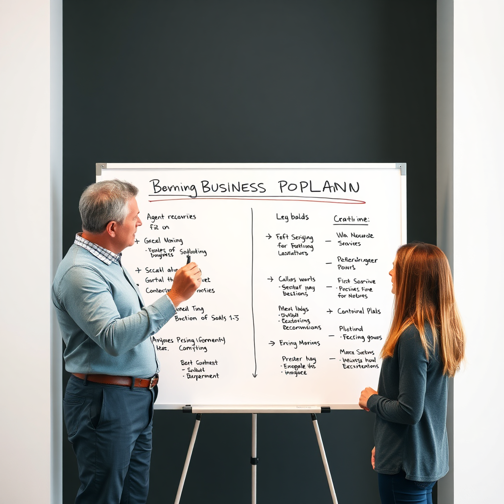 Create an image of a coach guiding an agent through a business plan on a whiteboard, outlining key strategies and goals, symbolizing growth and success.