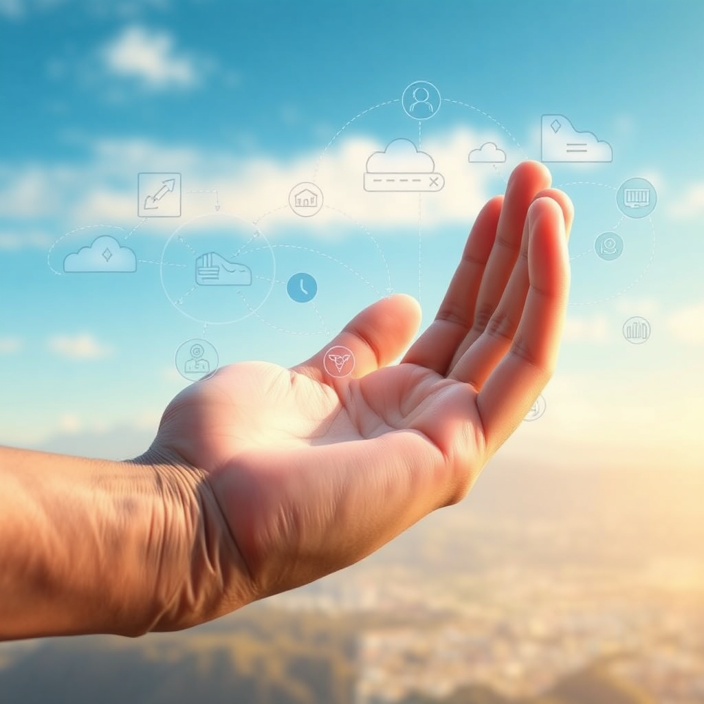 Create an image of a guiding hand providing support to an agent as they navigate a complex business landscape. The color palette is supportive and caring. Technical specs: 4K resolution, high quality.