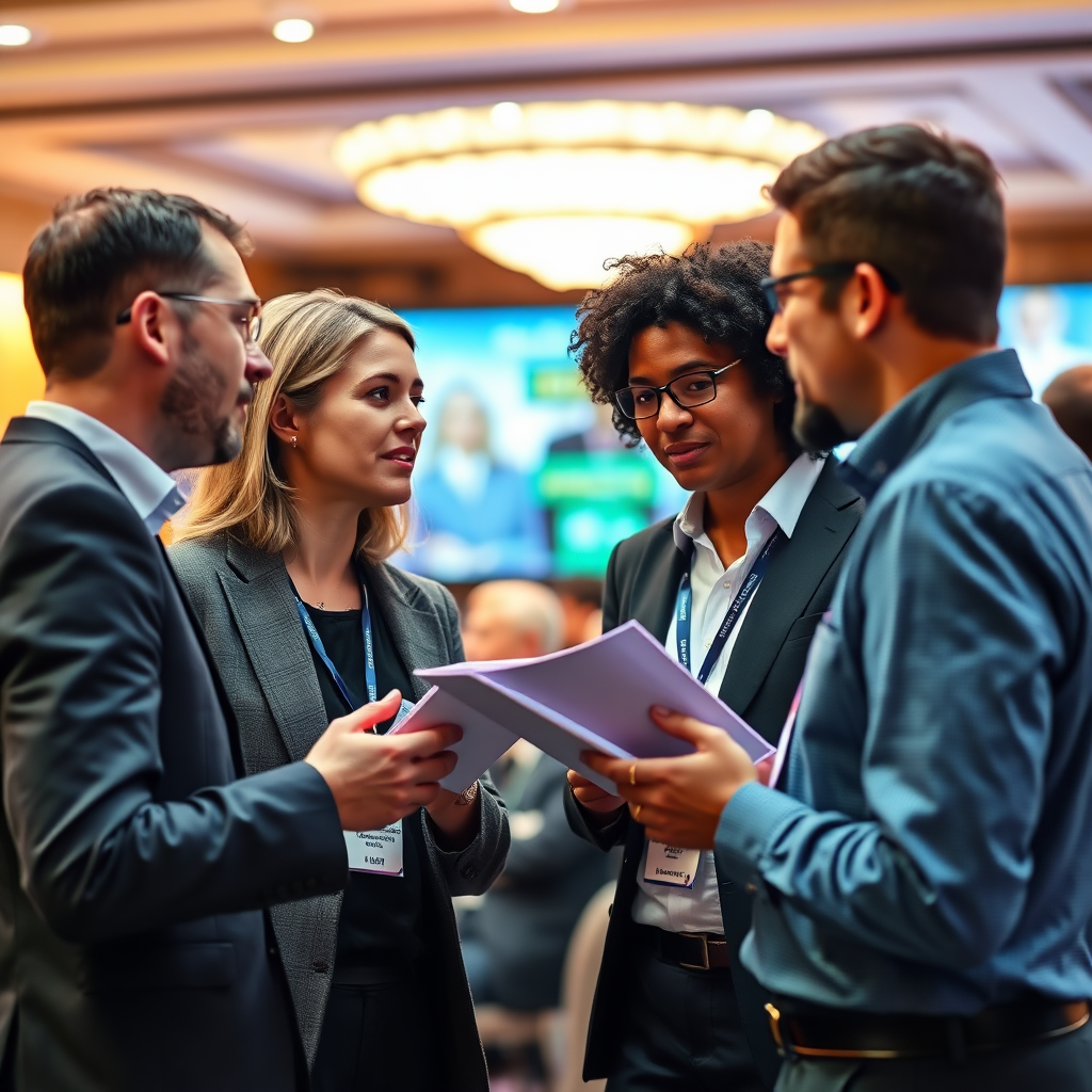 Create an image showing agents exchanging information in a vibrant, collaborative setting, possibly at a conference or workshop. The focus is on active listening and learning. Technical specs: 4K resolution, high quality.