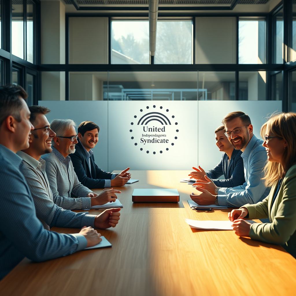 Create an ultra-high-resolution, photorealistic hero image. The scene depicts a diverse group of independent insurance agents and agency owners gathered around a large, modern conference table. They are engaged in a lively discussion, some smiling and gesturing enthusiastically. Natural light streams in from large windows, illuminating the scene and casting soft shadows. The color palette is warm and inviting, with accents of blue and green to represent trust and growth. Focus on the faces, capturing the intelligence, experience, and determination in their eyes. Place a subtle logo of 'United Independent Agents Syndicate' on a frosted glass partition in the background. The overall composition should convey a sense of collaboration, partnership, and shared success. The camera angle is a medium shot, capturing the upper bodies of the participants. The image should have a hyperrealistic texture details, focusing on the fabrics, skin, and office materials. Style reference: a modern, professional office environment. Technical specs: 8K resolution, hyperrealistic rendering.