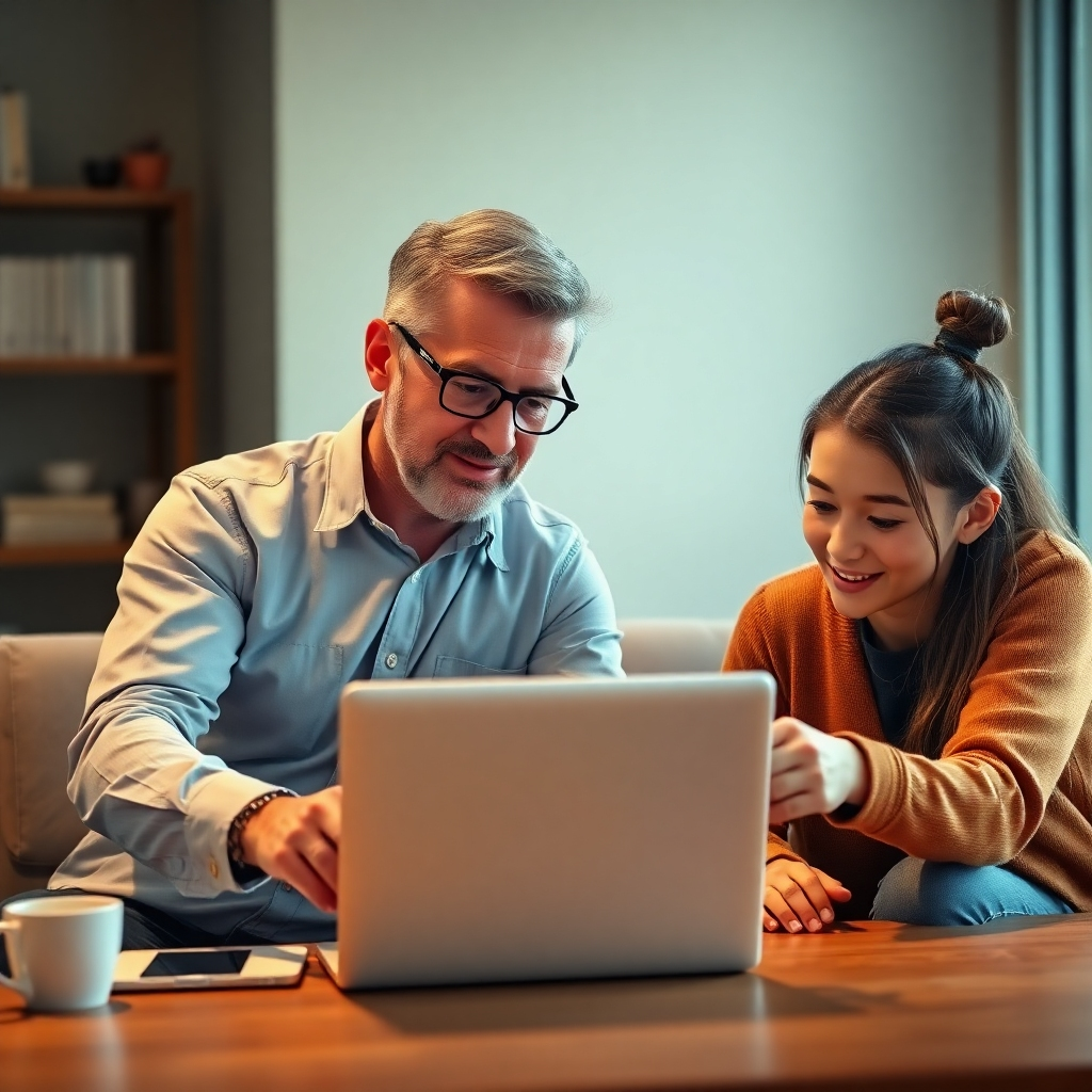 Photorealistic image, 4K resolution, depicting an experienced agent mentoring a younger one, showing them how to use a laptop or tablet. Warm lighting and a relaxed yet focused atmosphere. Natural color palette. Candid style, highlighting the mentor-mentee relationship