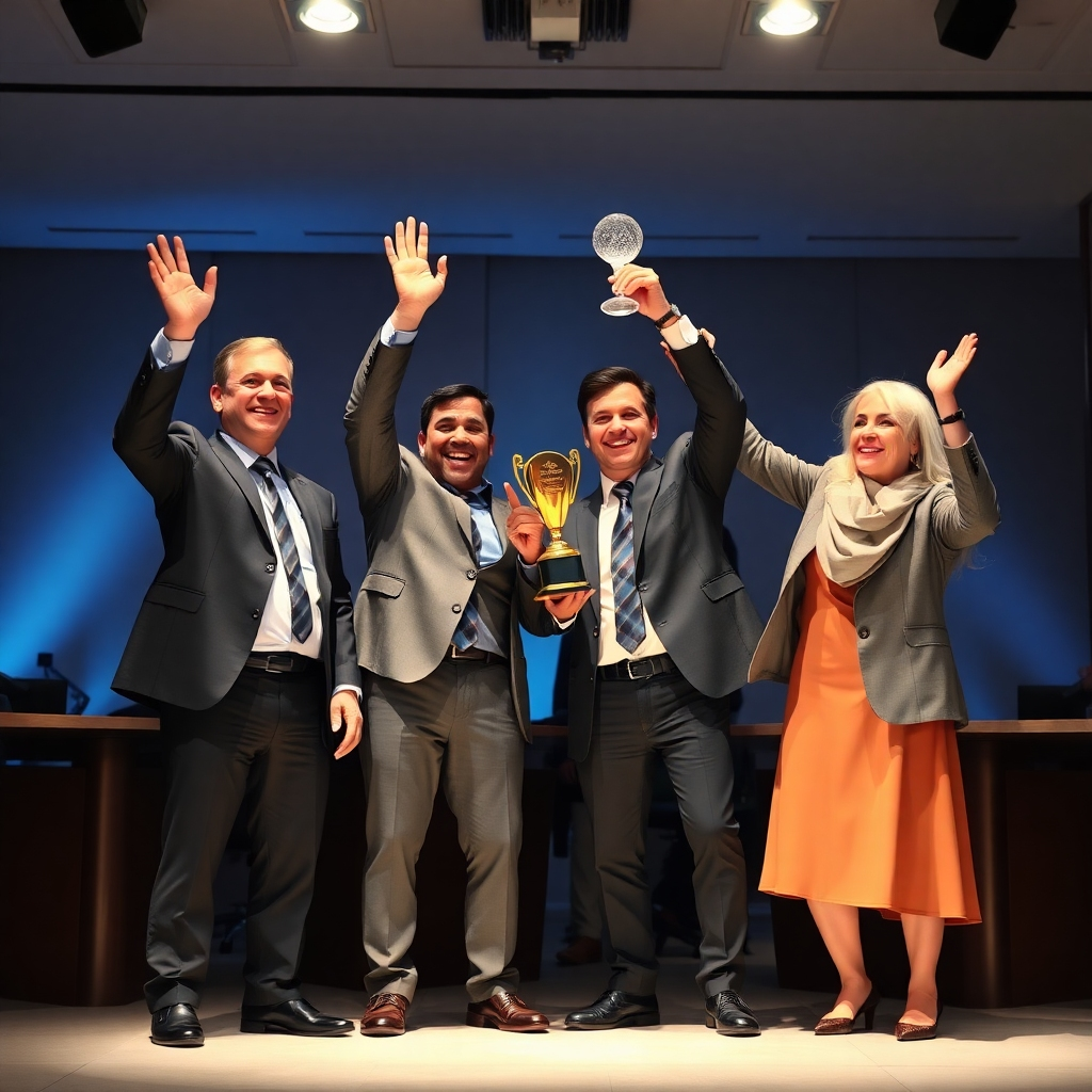 Photorealistic image, 4K resolution, showing agents celebrating an award or accomplishment. The style should emphasize success, recognition and appreciation