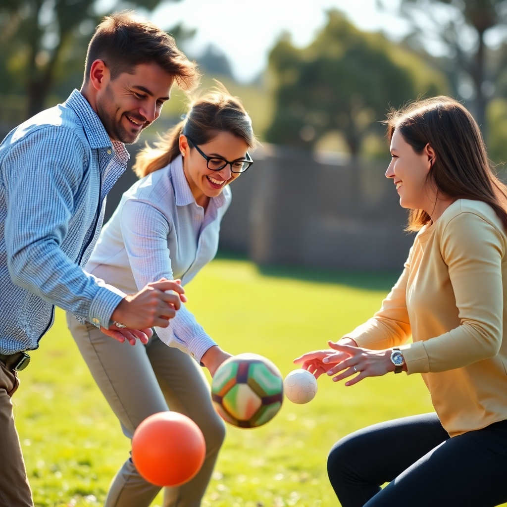 Photorealistic image, 4K resolution, showing agents participating in a fun team-building activity, like an outdoor game. Bright lighting. The style should showcase fun, team work and collaboration. Natural colors