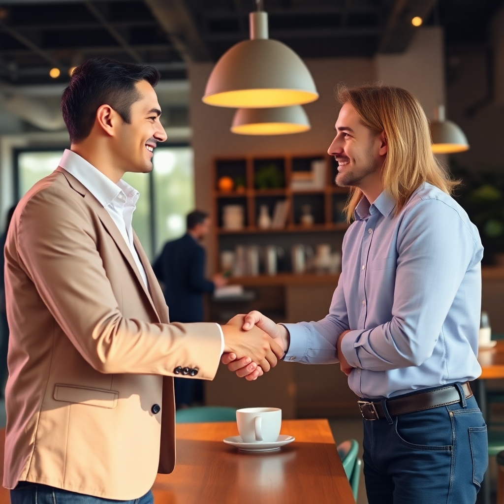 Photorealistic image, 4K resolution, depicting a recruiter shaking hands with a prospective agent. The setting should be a professional yet friendly atmosphere, such as a modern coffee shop. The lighting should be warm and inviting. The color palette should be warm, with natural light colors. The style should be candid and professional, highlighting a genuine connection between the recruiter and agent. The focus should be on building relationships