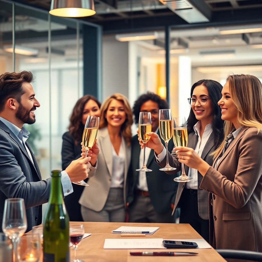 Photorealistic image, 4K resolution, of diverse agents happily working together in a modern office space, celebrating success with champagne. Bright lighting with warm colors and a festive feeling. The style should be uplifting and positive
