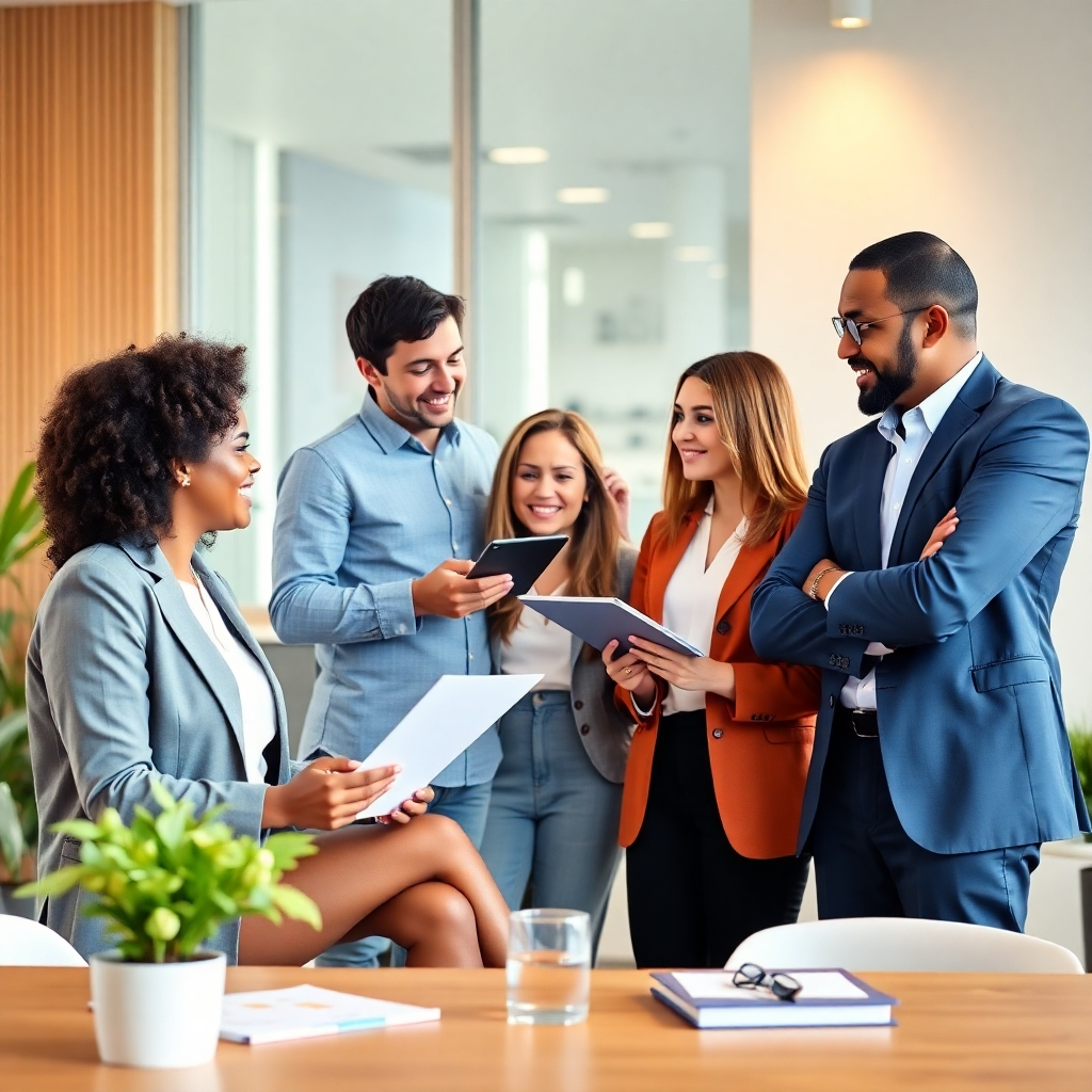Photorealistic image depicting a diverse group of successful life insurance agents collaborating. The setting is a modern, bright office.  Warm lighting. Natural colors