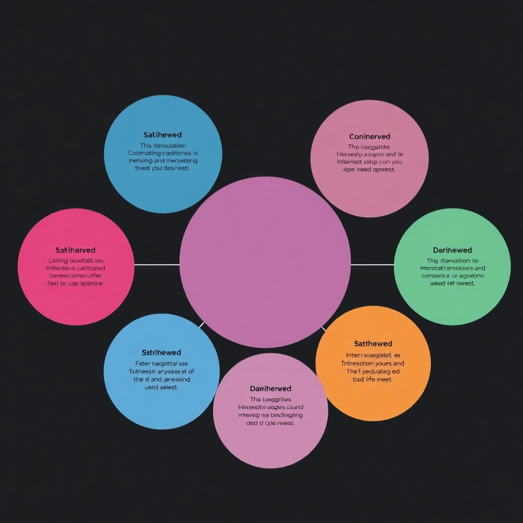 Stylized image, 4K resolution, depicting a series of overlapping circles representing different stages of the interview process. Each circle has a short text description of the step. The color palette could be a gradient transitioning from dark to light. The texture should be sleek and modern. The style should be minimalistic and easy to interpret