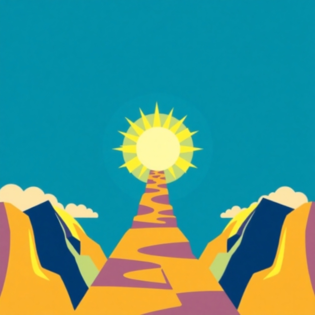 Stylized image representing a journey toward success, such as a path leading upwards toward a bright light. The style should be motivational and aspirational. Bright colors
