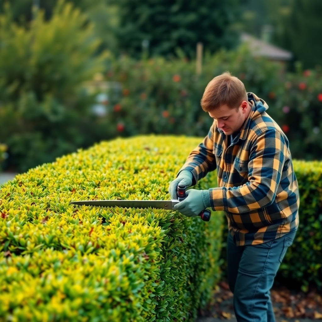 A striking image capturing a gardener skillfully shaping a hedge into an ornate design. The setting is a beautifully landscaped garden filled with colorful flower beds. Shadows cast by greenery add depth to the composition. The tools used are polished and just right for the job, symbolizing professionalism. This photorealistic image in exquisite detail encapsulates the transformative power of expert hedge cutting.