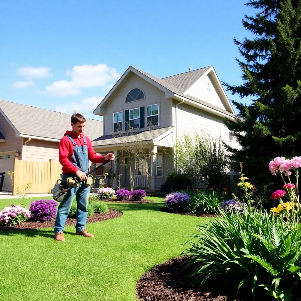 An inspiring visual of a landscaped garden complete with a variety of plants, decorative stones, and a pathway. The scene showcases a harmonious blend of colors with flourishing green shrubs and vibrant blooms. In the foreground, landscape designers review blueprints, depicting collaboration and creativity in action. The background features a wooden fence and a serene sky, further enhancing tranquility. This high-quality image should encapsulate the essence of professional landscaping with exquisite attention to detail and a natural feel.