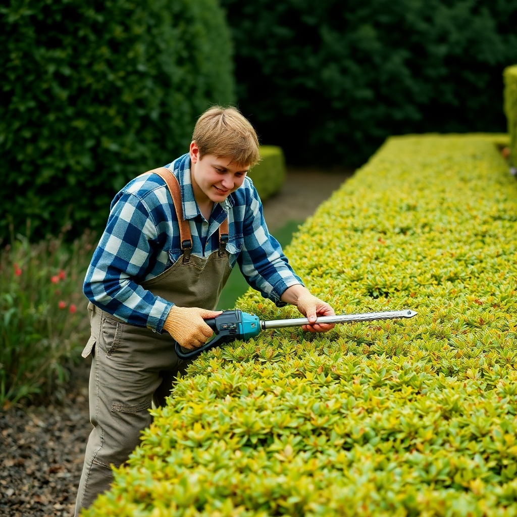 An illustration of a skilled gardener meticulously trimming a hedge into an elegant shape. The setting is a well-kept garden with framed hedges, blooming flowers, and a bright blue sky. The focus is on the gardener’s concentration, with clear textures of leaves and sunlight casting vibrant reflections. The tools in use are sharp and clean, signifying professionalism. The image captures the essence of craft and nurturing, instantly appealing for anyone looking for lawn care services. The style is a photorealistic depiction, suitable for high-quality visuals.