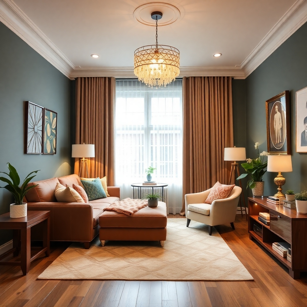 A stylized image depicting a beautifully decorated room, showcasing a harmonious blend of colors and textures. The scene encompasses a well-furnished space, with eye-catching art pieces and cozy furniture. Soft, diffused lighting creates an inviting atmosphere, drawing attention to carefully arranged decor items. The angle is wide, inviting viewers to appreciate the entirety of the room. This image symbolizes a perfect blend of creativity and comfort.