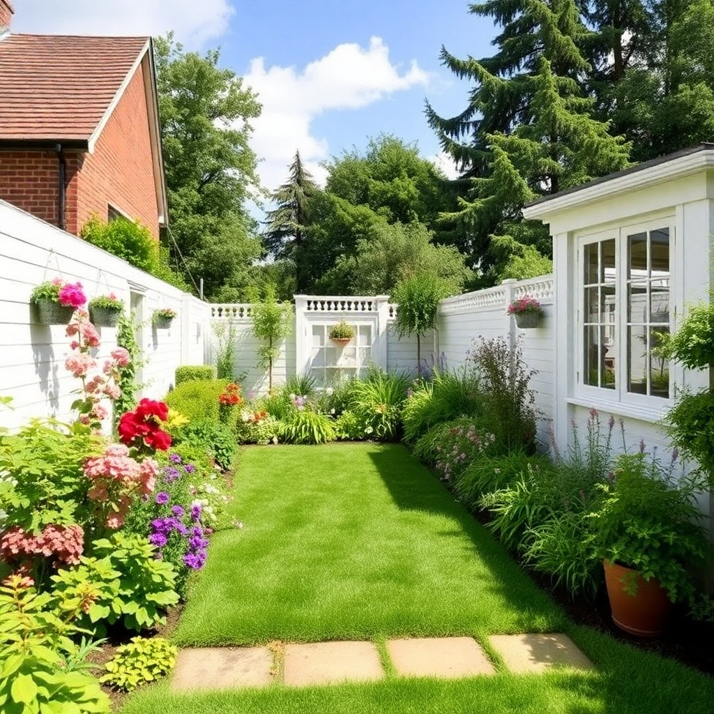 A vibrant scene depicting a team of gardeners tidying up a large garden space, raking leaves, and trimming shrubs. The sun shines brightly, creating an energizing atmosphere within the garden. The variety of plants and shrubs adds texture and depth to the composition. Tools like rakes and clippers suggest action and efficiency, as fresh greenery emerges amid a tidy landscape. This realistic image captures the enthusiasm and rejuvenation that comes with professional garden maintenance.