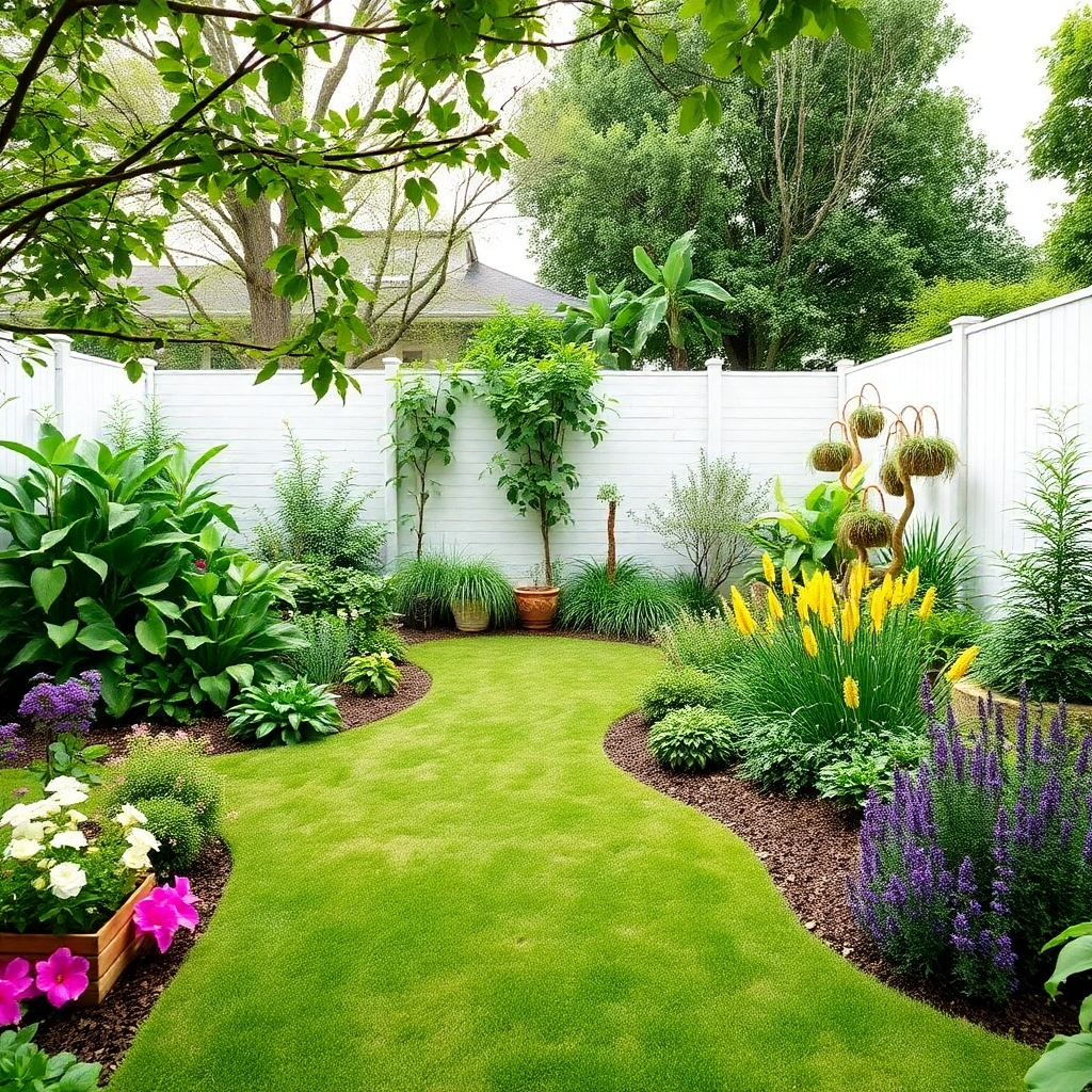 An inspirational depiction of a beautifully designed landscape with winding pathways, colorful flower gardens, and lush greenery. A designer discusses plans with a small group of homeowners, suggesting ideas illustrated by samples in hand. The setting is peaceful, showcasing an intricate balance of design and nature. This high-quality image captures the essence of collaboration in landscaping, highlighting an array of colors and shapes in harmony.