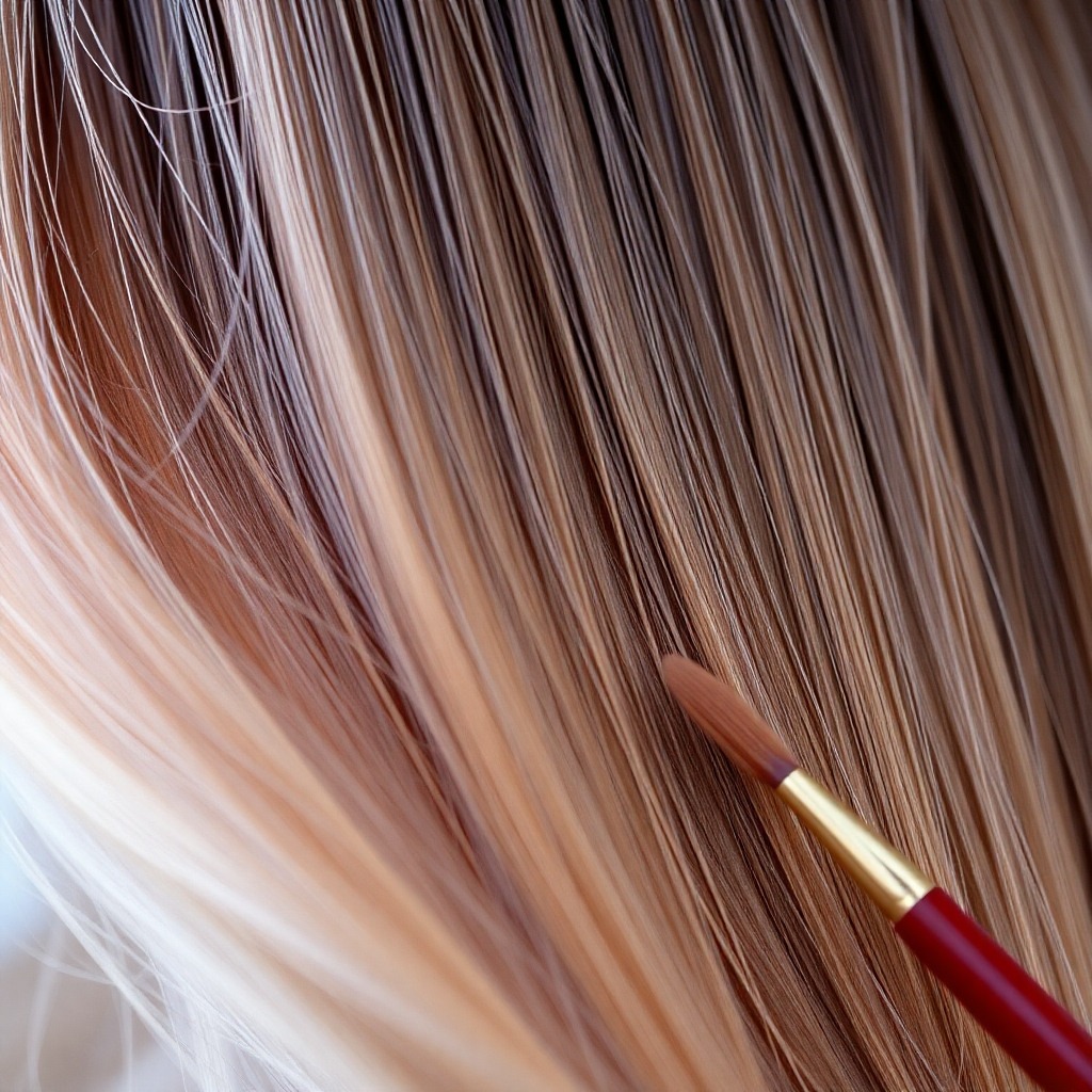 A close-up, photorealistic image of beautiful hair showcasing exquisite color gradients and textures. Soft natural light illuminates the strands, revealing depth and luminosity. The background is softly blurred to highlight the stunning hair detail. Props such as brushes and color tubes are subtly integrated in the composition, emphasizing the artistry involved. Technical specs should ensure high resolution, focusing on the rich, vibrant hues that convey luxury and attention to detail.