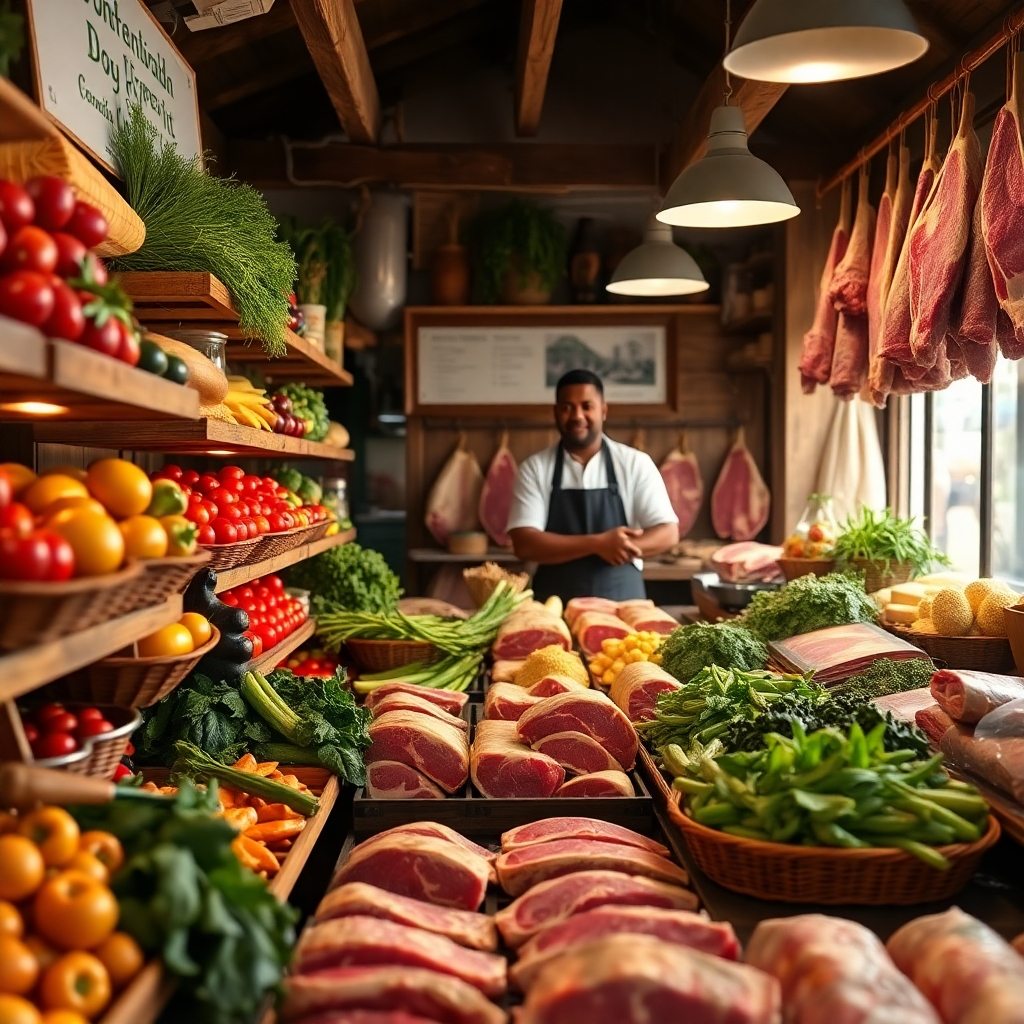 A cozy farm shop filled with fresh produce and meats displayed neatly on wooden shelves. The interior is warm, with soft lighting highlighting vibrant vegetables and butchered meats. The textures of the meats are intricate, showcasing freshness and quality. In the background, a friendly butcher interacts with a customer, creating a welcoming atmosphere that reflects trust and warmth. The overall composition draws the viewer into the farm's commitment to freshness.
