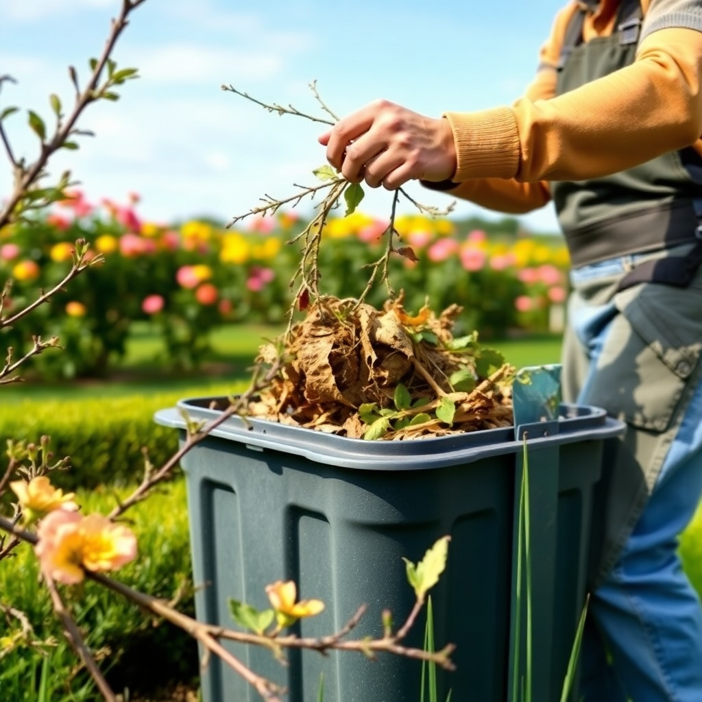 A detailed image of a gardener collecting garden waste into a compost bin, set against a well-tended backdrop of blooming plants and trimmed grass. The scene features bright colors and clear skies, emphasizing a sense of cleanliness and order. The textures of branches and leaves are sharp, highlighting the gardener’s dedication to a clutter-free landscape. This high-resolution image serves to illustrate the importance of maintaining a tidy garden and reflects a commitment to proper care.