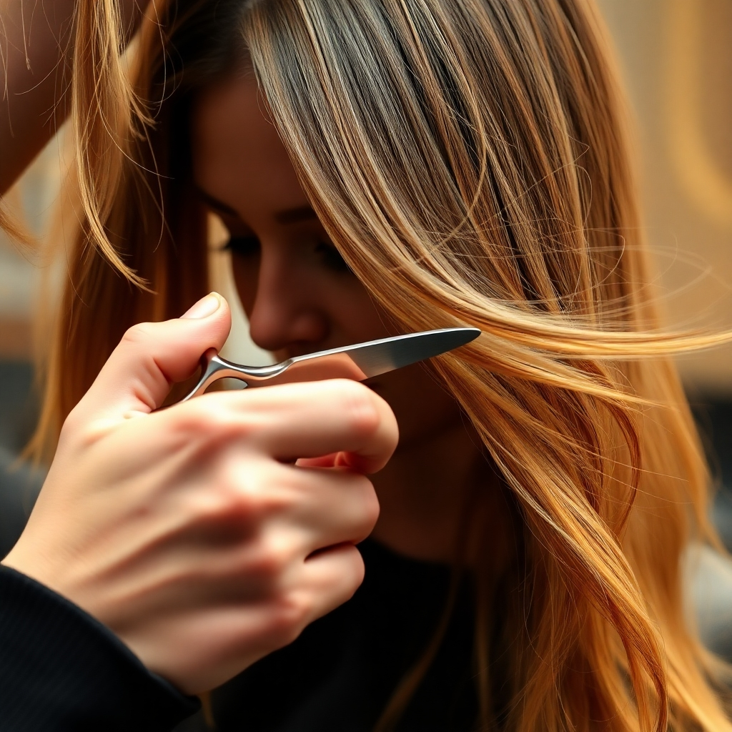 A photorealistic image of a stylist meticulously detailing a haircut, showcasing the precision with which they work. The focus is on the movement of scissors and the flowing strands of hair. Warm light enhances the richness of hair colors and textures, while the background remains softly blurred, emphasizing the artistry of the cut. The image should communicate craftsmanship and attention to detail, reflecting the salon's dedication to high-quality service.