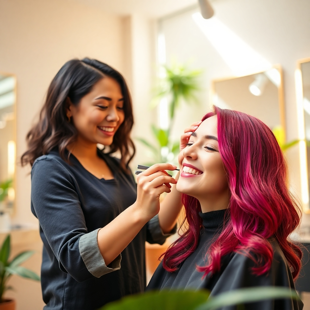 A photorealistic image representing the essence of VelvetScissors Salon's mission. The subject features a serene stylist-client interaction, with the stylist showcasing their skillful hand movements while applying vibrant colors to a client’s hair. The salon environment is chic and modern, with natural light pouring in and touches of greenery that enhance the artistic atmosphere. The color palette includes warm tones and soft contrasts that evoke harmony and creativity. Camera angle is slightly low to capture the detailed expressions of joy and transformation on the client’s face. Technical specs: 4K resolution, high quality.