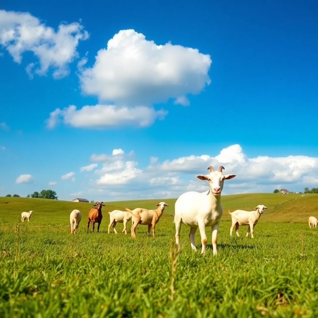 A serene countryside landscape showcasing the farm's animals and crops. In the distance, goats graze peacefully on lush green grass, encapsulating the tranquility and care in the farming practices at Peace Farms. The sky is bright blue with fluffy clouds, and the image features vibrant greens and earthy tones, highlighting the natural beauty of the farm environment. This photorealistic image beautifully represents the ethos of local sourcing and farm-fresh quality.