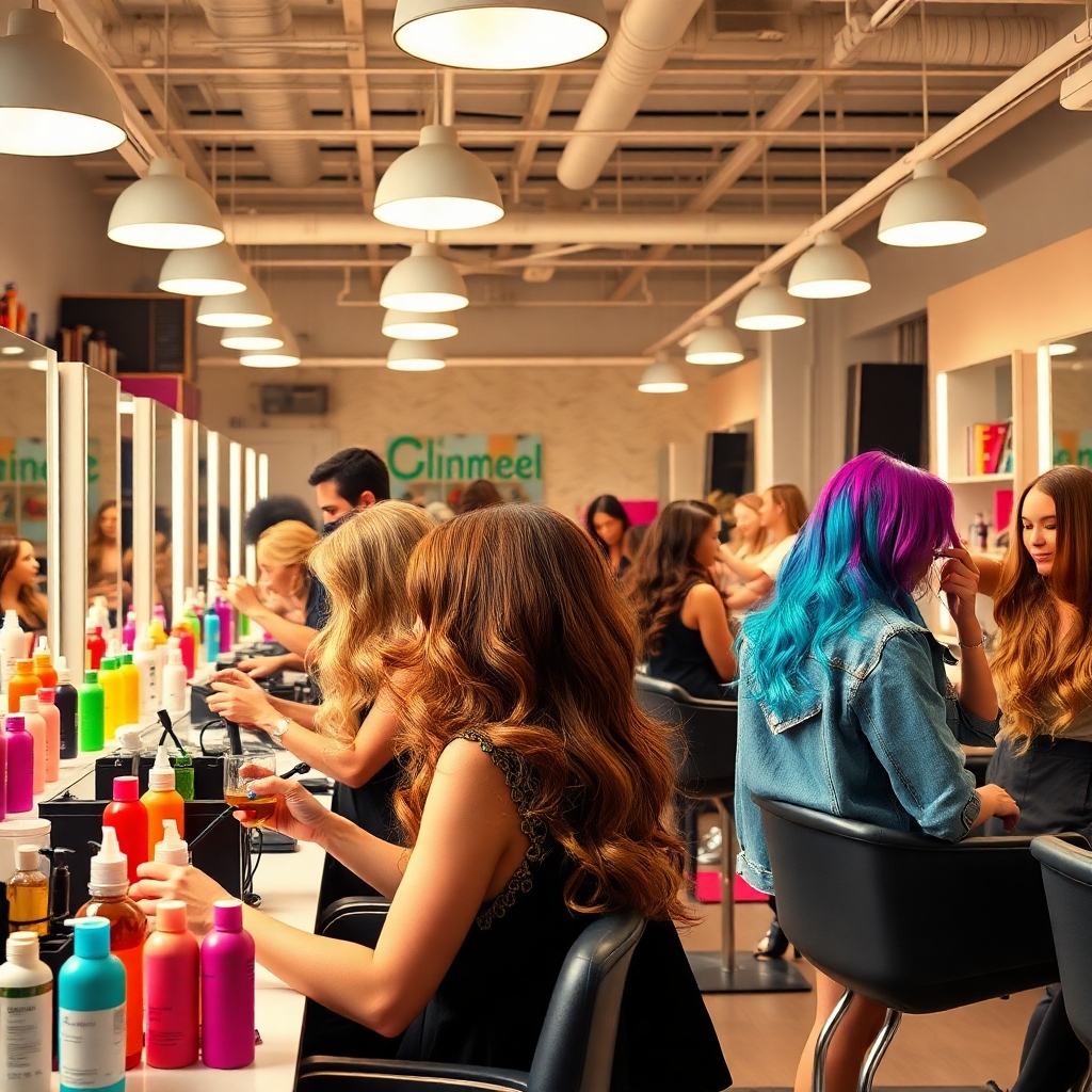 A stylized image depicting a vibrant salon filled with dynamic energy, where stylists are passionately working on their clients' hair. The lighting is bright and cheerful, with colorful hair products neatly arranged. Hair transformations are showcased across multiple styling stations, and the atmosphere is buzzing with excitement and artful expression. The style reference draws inspiration from colorful editorial fashion shoots. The image should be photorealistic, capturing the artistry in a contemporary salon setting.