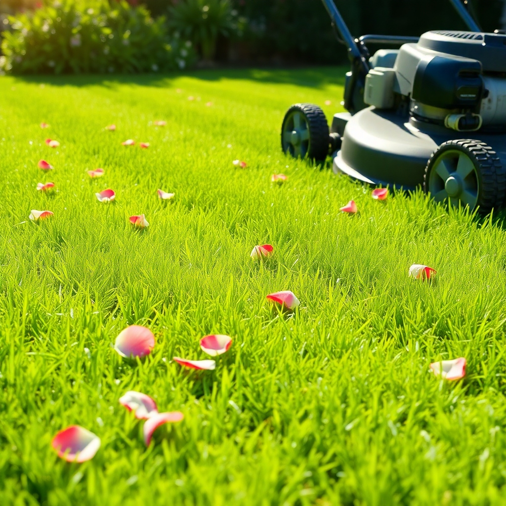 A vivid image showing a freshly cut lawn with beautifully defined stripes, complemented by scattered flower petals. A lawn mower can be seen in action, with freshly mowed grass clippings nearby. The sun is shining brightly, emphasizing the vibrant greens of the lawn. This photograph conveys a sense of freshness and vitality, highlighting how well-maintained grass can transform any garden. The high-resolution image should be rich in color and clarity, focusing on the contrast between the cut grass and the untouched areas.
