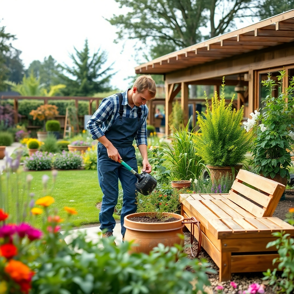 An engaging photorealistic image depicting a garden expert in action, tending to vibrant flower beds and reshaping hedges. The light is warm, suggesting an early morning scene with dew glistening on leaves. A variety of gardening tools are present, including a wheelbarrow and pruning shears. The lush greens and bursts of color from flowers should dominate the scene, conveying growth and tranquility. The composition should be inviting, suggesting warmth and professionalism, enhancing the notion of garden work as a fulfilling and creative endeavor. This high-quality image should be in 4K resolution, showcasing texture and detail.