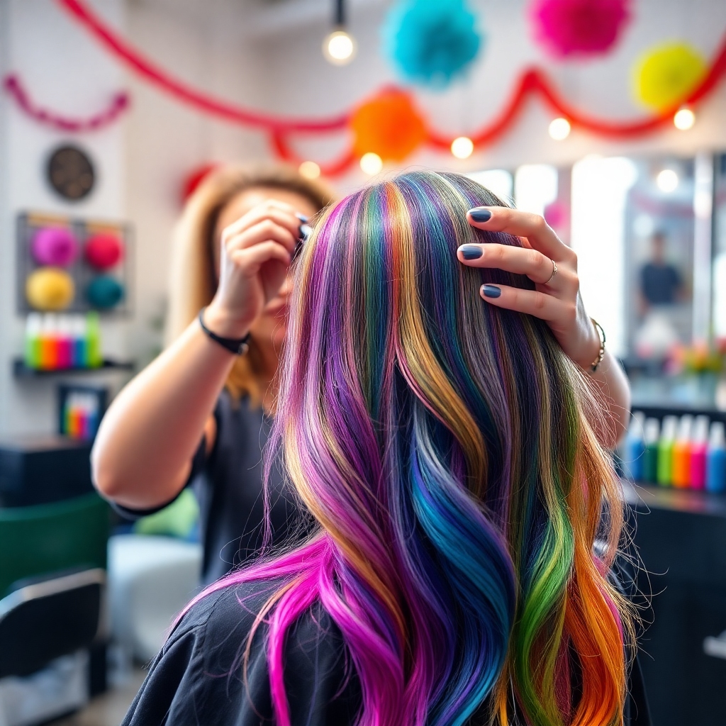 An engaging image of a stylist applying color to a client's hair, with a rainbow of dye shades visible in the background. The atmosphere is lively, with colorful decorations providing an artistic touch. The light plays beautifully on the hair, highlighting the transformation process. This photorealistic image should energize the space, representing creativity and innovation in hair coloring.