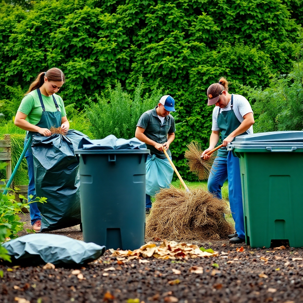 An engaging image portraying a team of gardeners actively removing debris and waste from a garden. Garbage bags and compost bins are strategically placed, promoting a neat environment. The lush greenery of the background adds contrast and enhances the feeling of cleanliness. This high-quality visual encapsulates the importance of order in gardening while capturing the effort of maintaining a beautiful outdoor space.