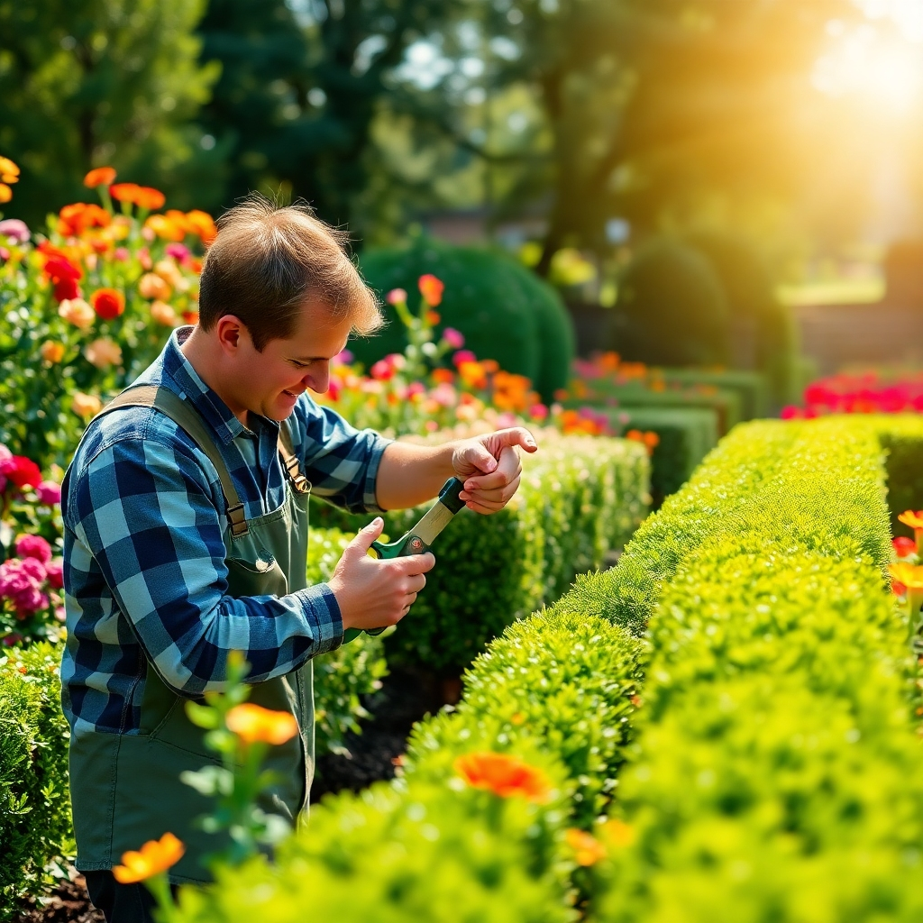 An image showcasing a gardener in action, skillfully cutting a hedge into an elegant shape. The setting features a well-maintained garden filled with colorful blooms. Sunlight shines down, highlighting the meticulous work being done. The sharp tools reflect professionalism, and the ambiance conveys a sense of tranquility. This high-quality visual captures the essence of garden beauty through careful maintenance.