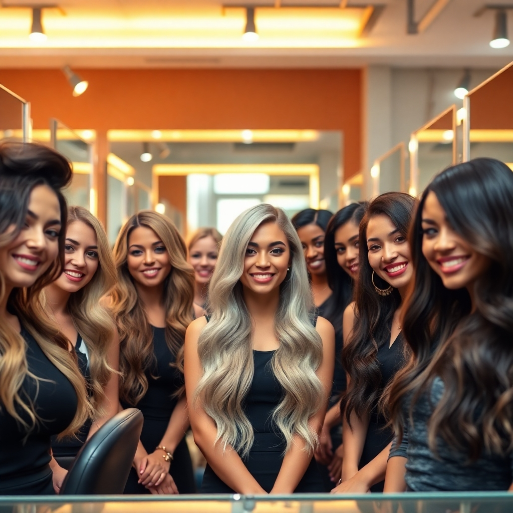 An inspiring image of diverse clients showcasing different hairstyles, proudly displaying their unique looks. The salon is infused with energy and expression, with warm ambient lighting highlighting hair's vibrancy. The diverse range of hairstyles—from edgy to elegant—celebrates individual beauty. The image should be photorealistic, emphasizing smiles and confidence as clients admire their new styles in the salon mirrors, supported by an inviting, contemporary backdrop.