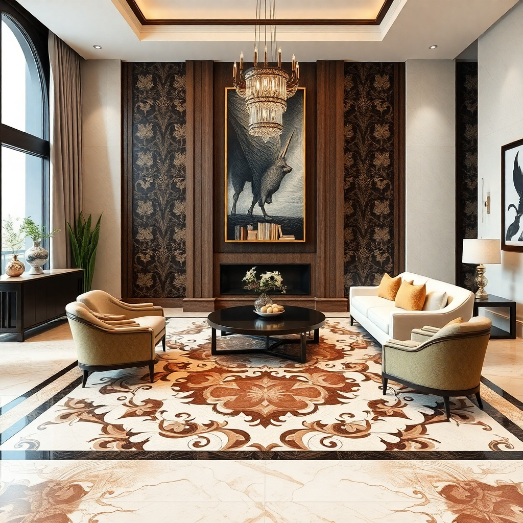 A stunning image displaying a beautifully tiled entrance, featuring a mix of intricate patterns and colors. The lighting highlights the glossy finish of the tiles, casting reflections that enhance their beauty. The scene captures a wide angle, showing not only the floor but also part of the welcoming atmosphere of the house. Decor elements like plants or furniture in the background complement the tile design and ambiance.