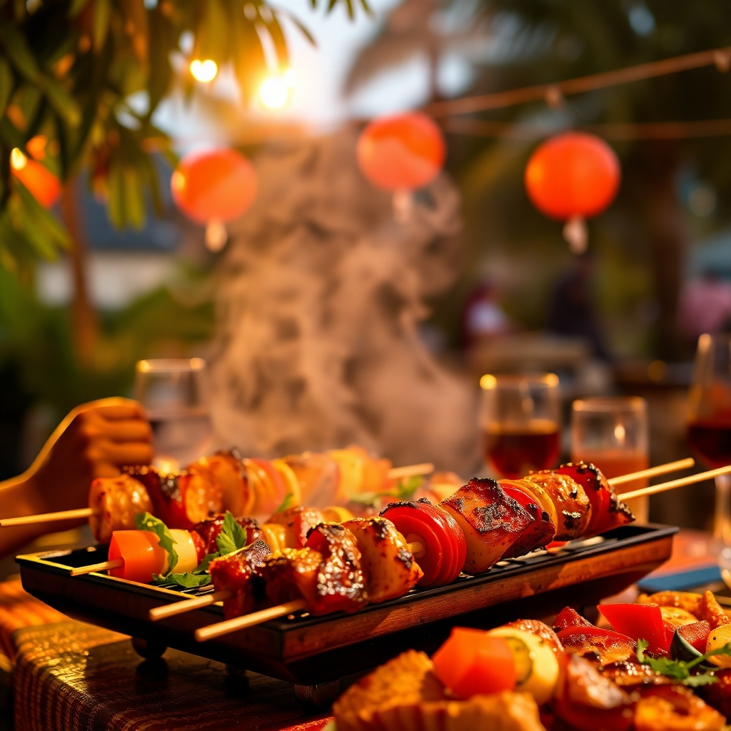 A beautifully arranged outdoor barbecue setup featuring a variety of grilled meats like chicken, turkey, and kebabs segmented on a large table. The setting is decorated with rustic tablecloths, string lights, and vibrant flower arrangements. Guests are enjoying the feast, laughing and celebrating under a clear blue sky. The image should convey the joy of gathering and flavors, with textures of the grilled meats and fresh vegetables being the highlight.