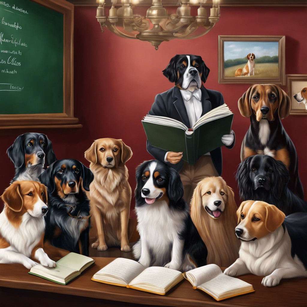 A lively dog socialization workshop taking place in a pet-friendly community center. Various breeds like a Labrador, Poodle, and German Shepherd are interacting happily with each other and their owners. The room is bright and filled with colorful toys and agility equipment. There’s soft, diffused lighting enhancing the cheerful atmosphere, with decorations in pastel colors reflecting a friendly environment. The perspective is slightly elevated to capture the entire scene where owners, a mix of genders and ages, engage with their dogs, ensuring the focus is on positive interaction. The mood is upbeat and focusing on fun, social engagement. Hyperrealistic 8K resolution, detailed textures of fur, and vibrant colors, presenting the energy and joy of the group.