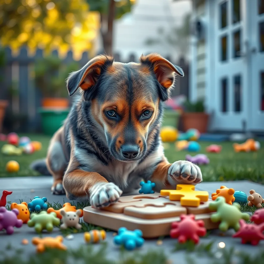 A captivating, photorealistic image of a dog happily solving a puzzle toy in a bright and cheerful backyard. The scene captures the dog focused on the toy, with scattered colorful toys around, embodying an enriching environment full of mental stimulation.