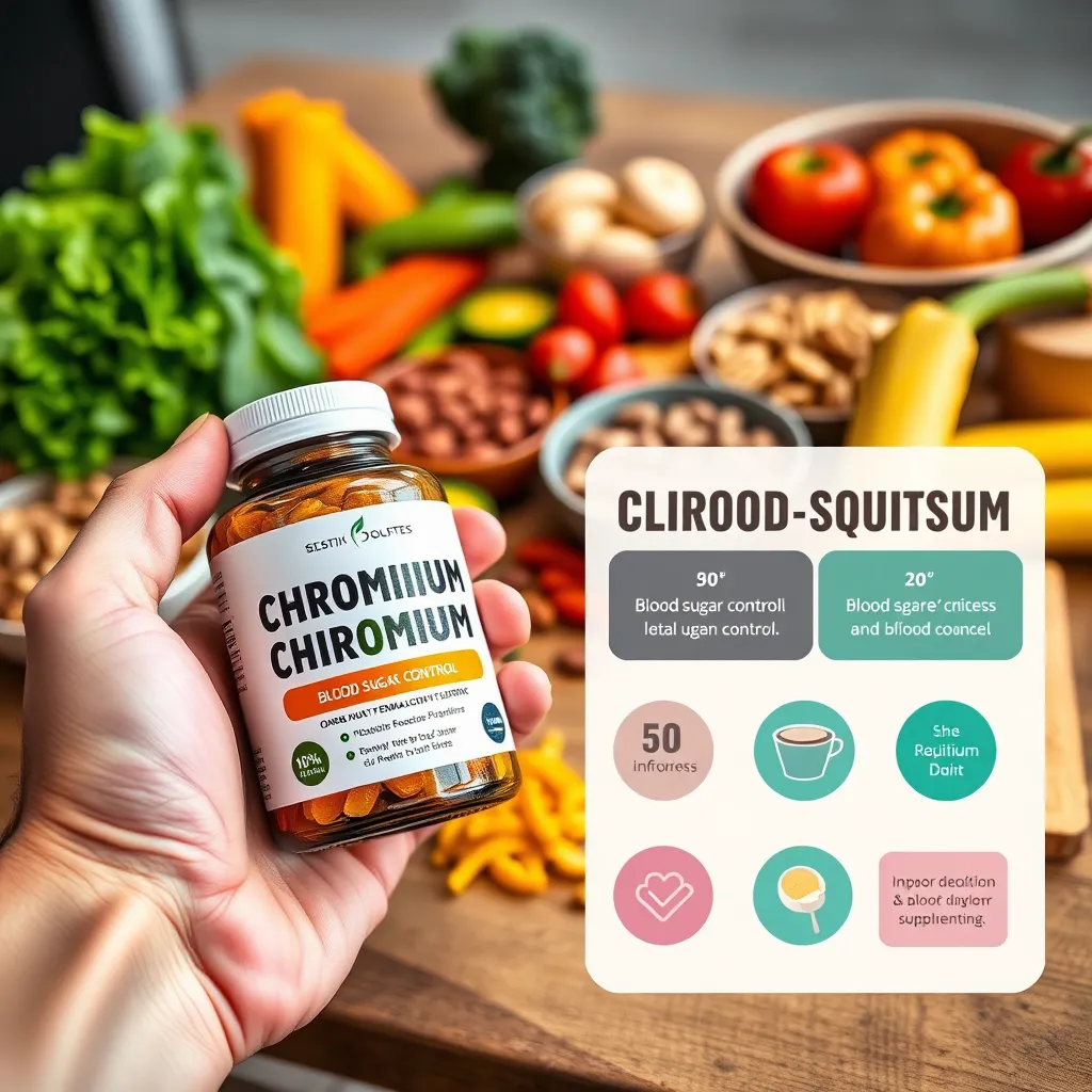 A close-up of a hand holding a bottle of chromium supplements on a wooden kitchen table, surrounded by whole foods like vegetables, nuts, and fruit. A stylish infographic next to the bottle illustrates blood sugar control and chromium's role, against a backdrop of a vibrant, healthy meal.