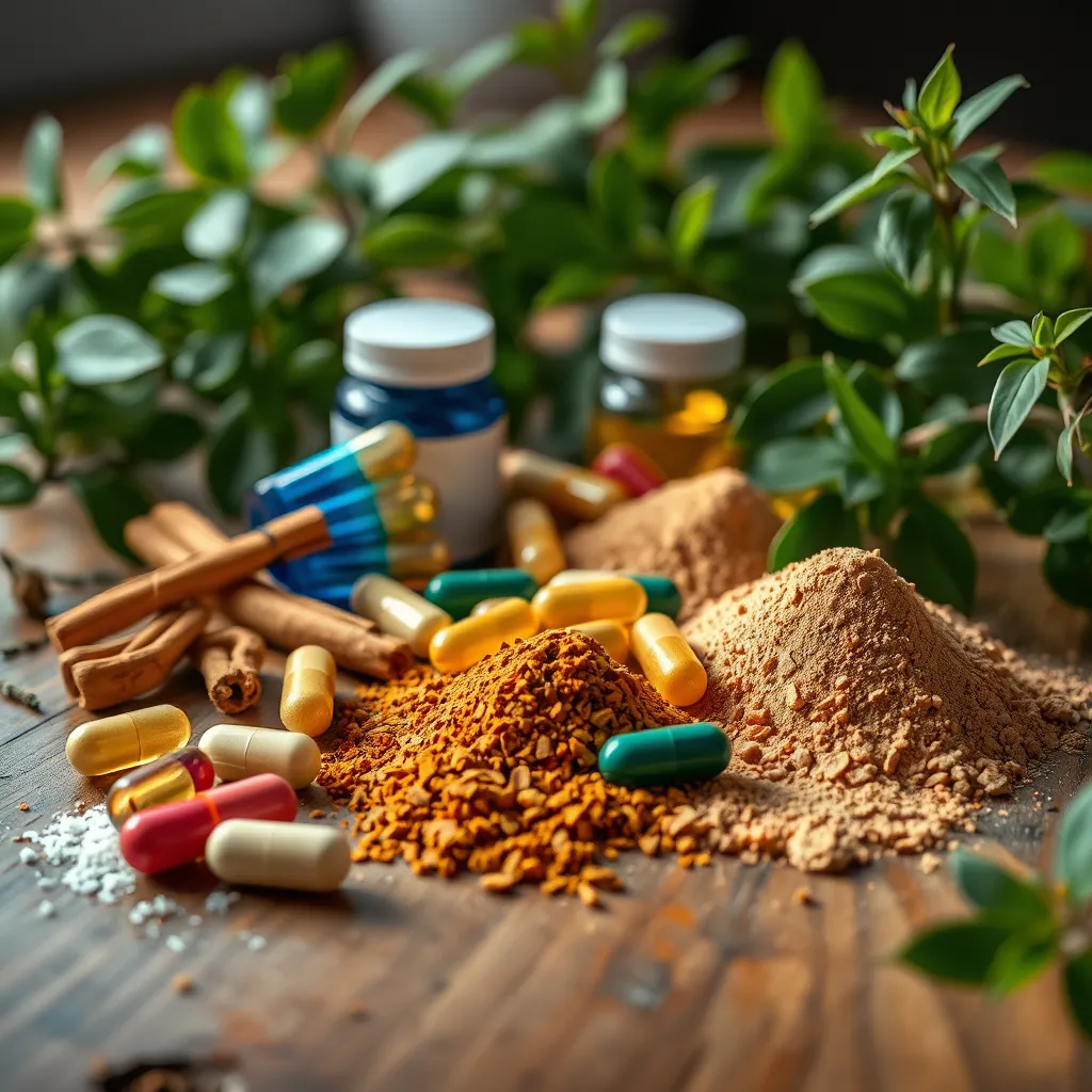  A close-up view of a wooden table featuring vibrant supplements in capsules and powders, including cinnamon, berberine, and alpha-lipoic acid in natural settings with green plants. Sophisticated lighting highlights the textures and colors of the ingredients, conveying health and vitality.