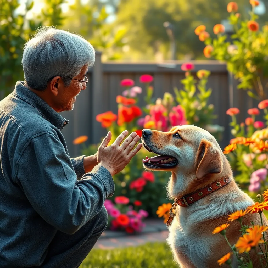 A detailed illustration of a dog owner interacting with a dog using hand signals and verbal commands. The setting is a vibrant backyard with colorful flowers, showing the owner and dog looking at each other with understanding and connection, highlighting the concept of communication.